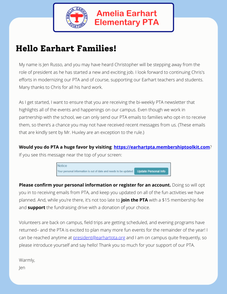 Hello Earhart School PTA